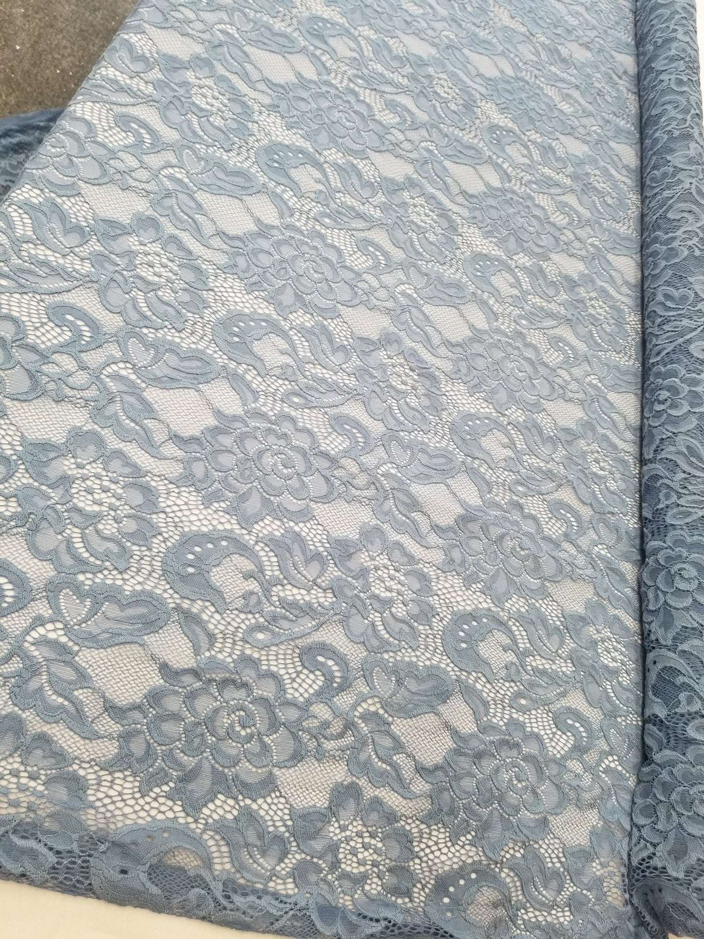 Steel Blue 4 way Stretch Fabric Soft Elastic Floral Lace Fabric, Evening Dress Lace Fabric Sold by Yard