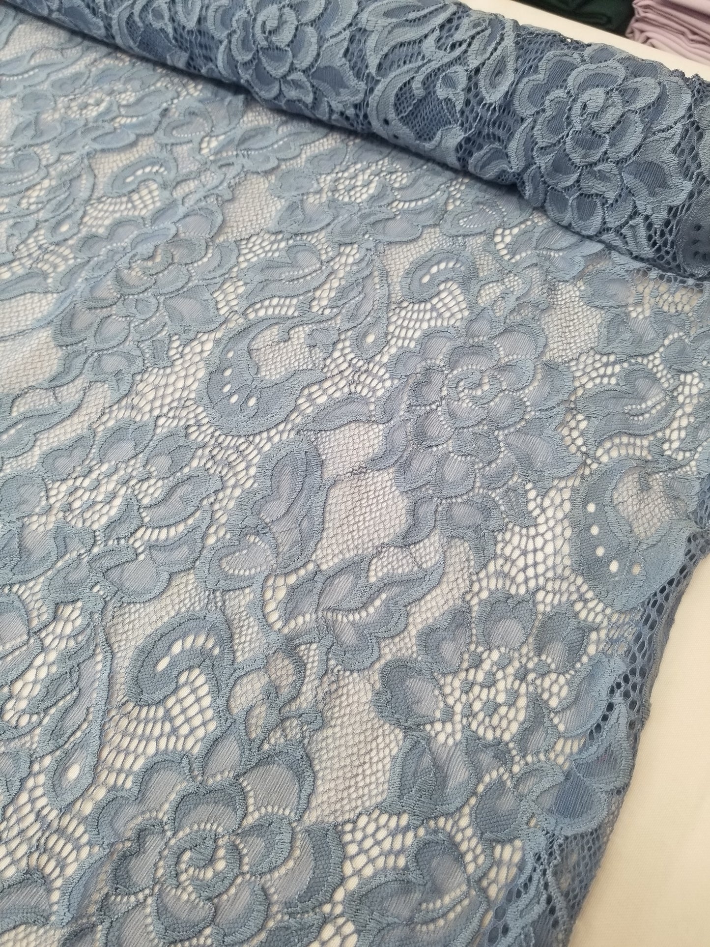 Steel Blue 4 way Stretch Fabric Soft Elastic Floral Lace Fabric, Evening Dress Lace Fabric Sold by Yard