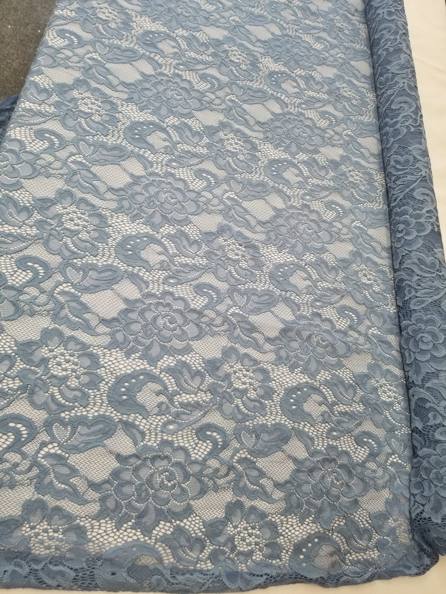 Steel Blue 4 way Stretch Fabric Soft Elastic Floral Lace Fabric, Evening Dress Lace Fabric Sold by Yard