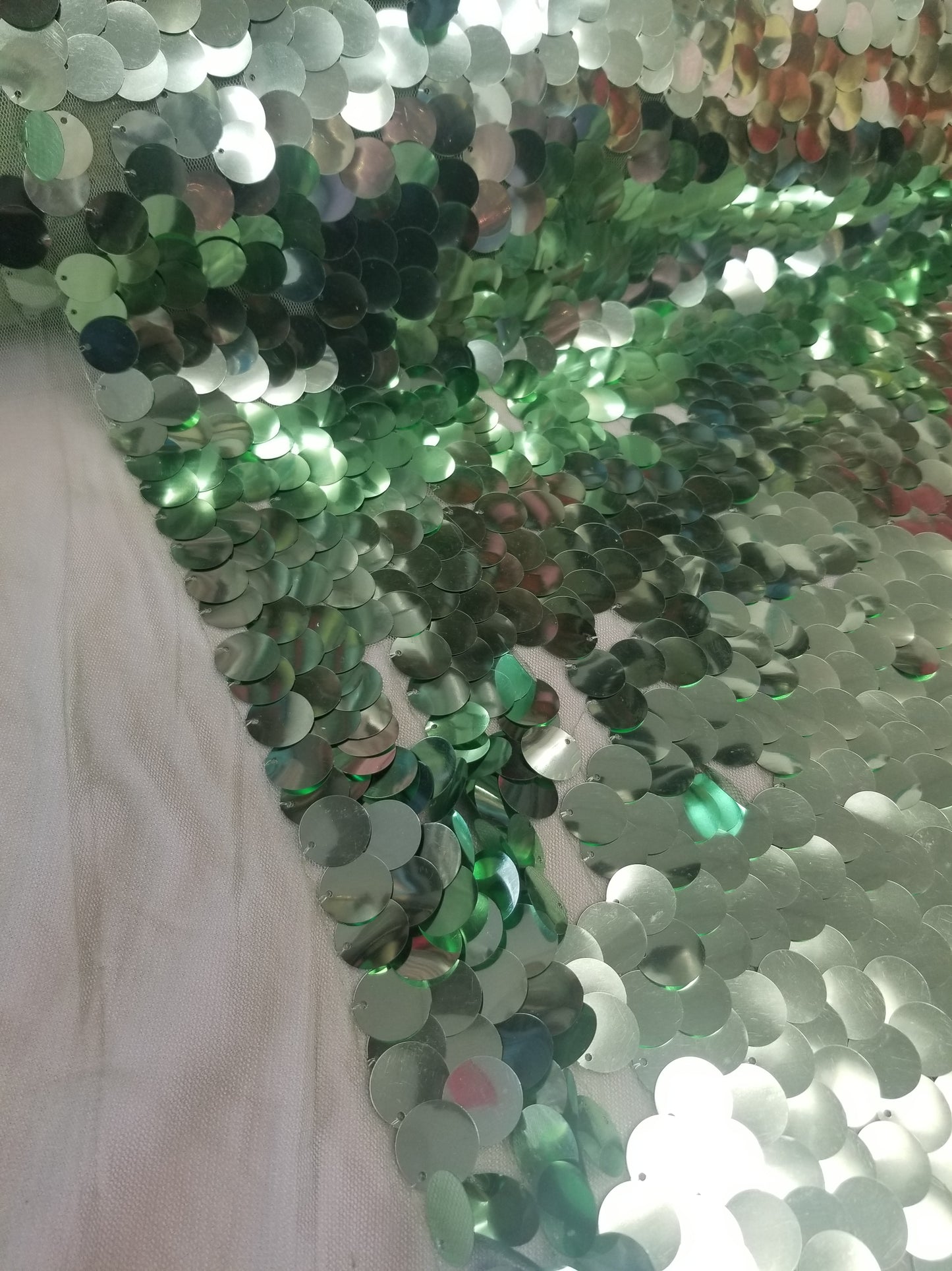 Mint Green Iridescent Jumbo Size Tear Drop Sequins on Stretch Mesh Base 2 Way Stretch 56/57" Sold by the Yard