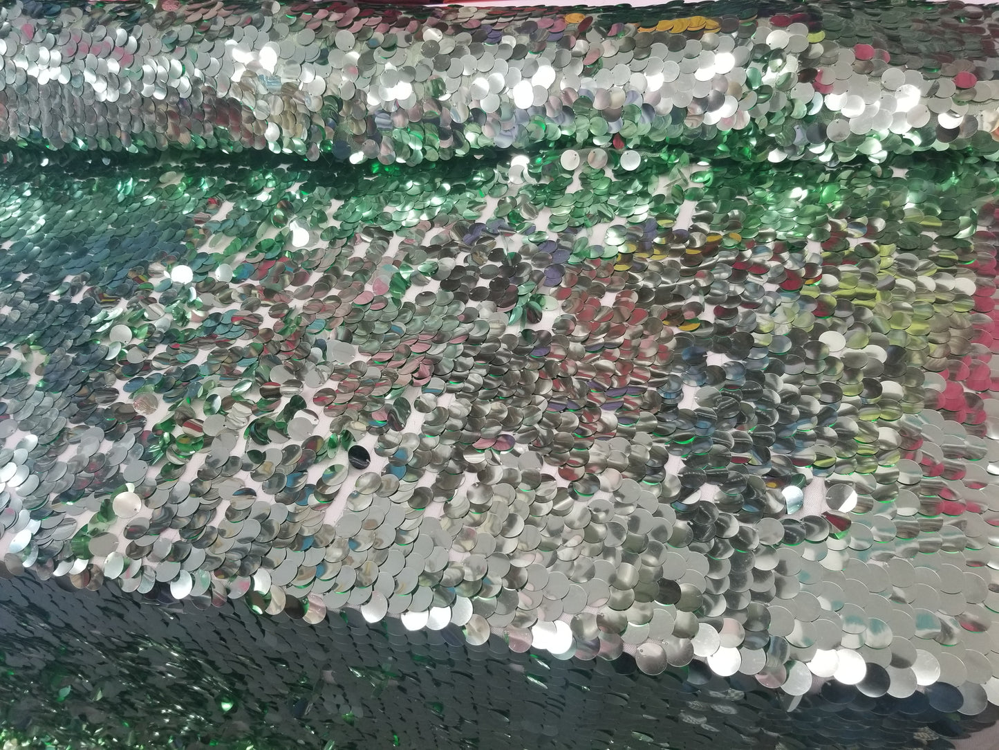 Mint Green Iridescent Jumbo Size Tear Drop Sequins on Stretch Mesh Base 2 Way Stretch 56/57" Sold by the Yard
