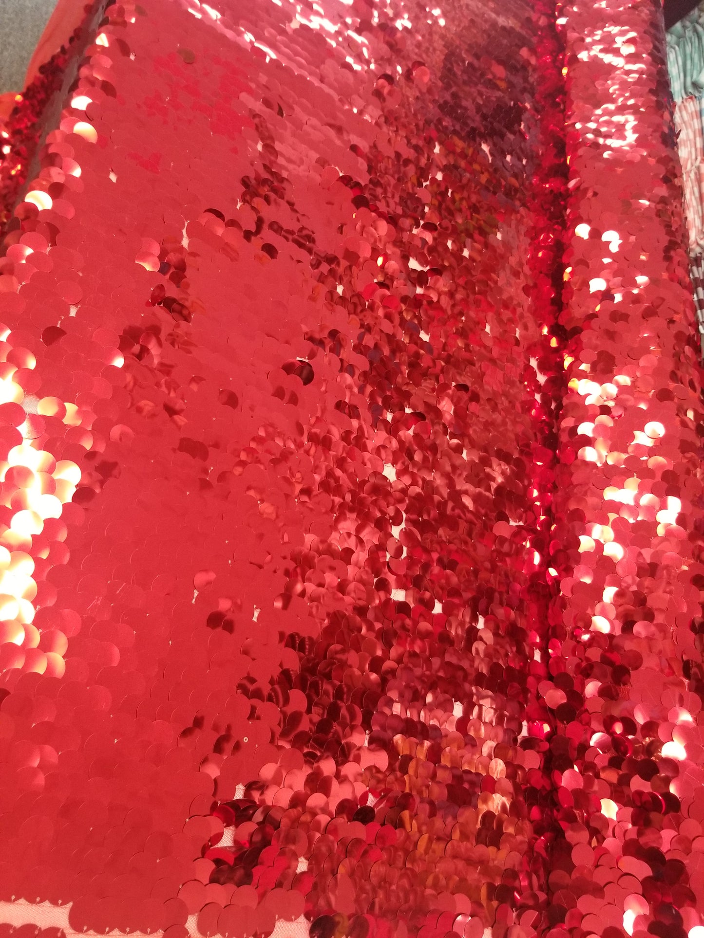Red Iridescent Jumbo Size Tear Drop Sequins on Stretch Mesh Base 2 Way Stretch 56/57" Sold by the Yard