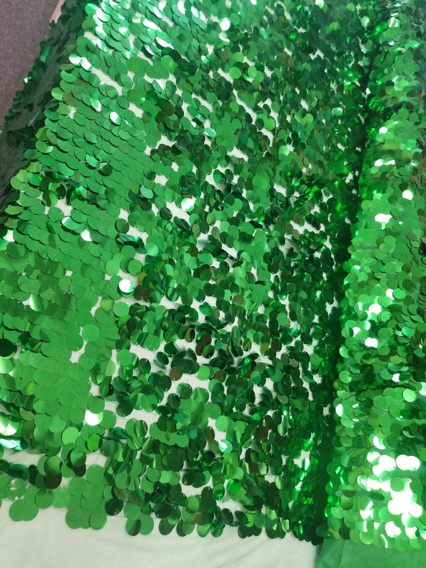 Kelly Green Iridescent Jumbo Size Tear Drop Sequins on Stretch Mesh Base 2 Way Stretch 56/57" Sold by the Yard
