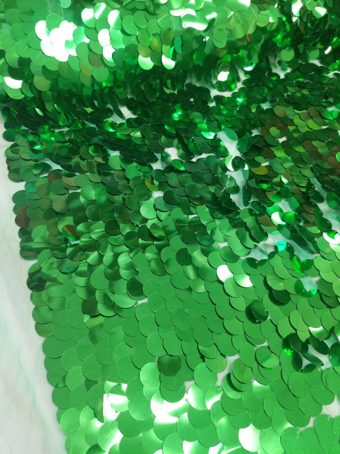 Kelly Green Iridescent Jumbo Size Tear Drop Sequins on Stretch Mesh Base 2 Way Stretch 56/57" Sold by the Yard
