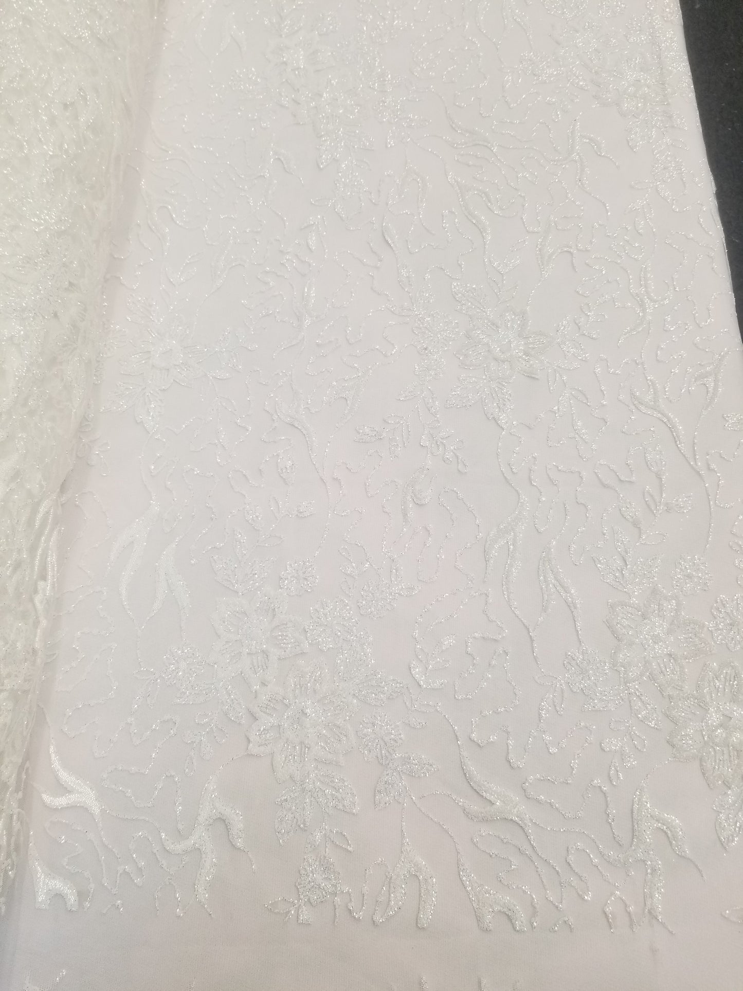 60" Off White French Floral Design Lace with Glitter and Sequins in Mesh by the Yard