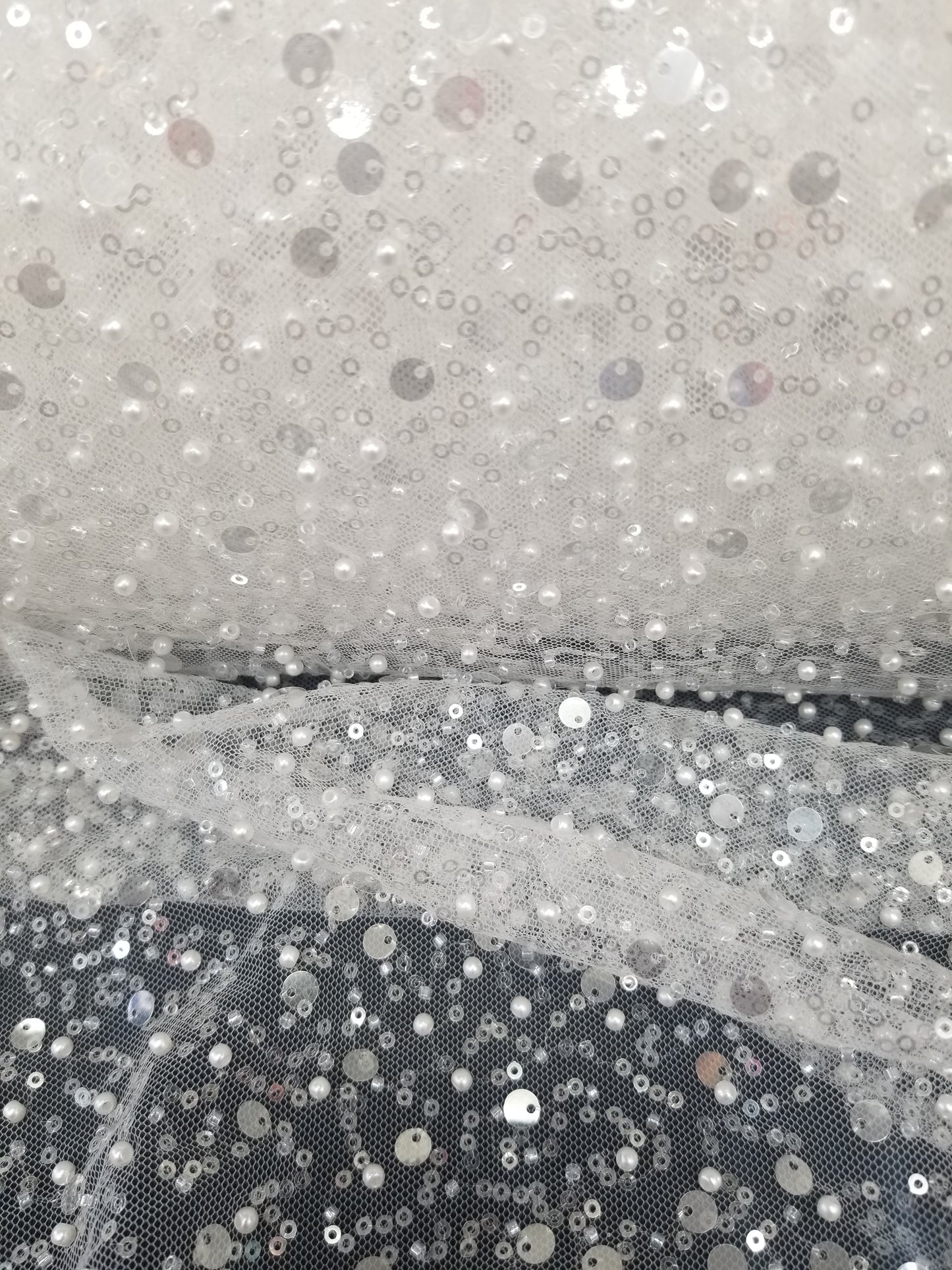 52" Off White Beads and Sequins in Mesh by the Yard