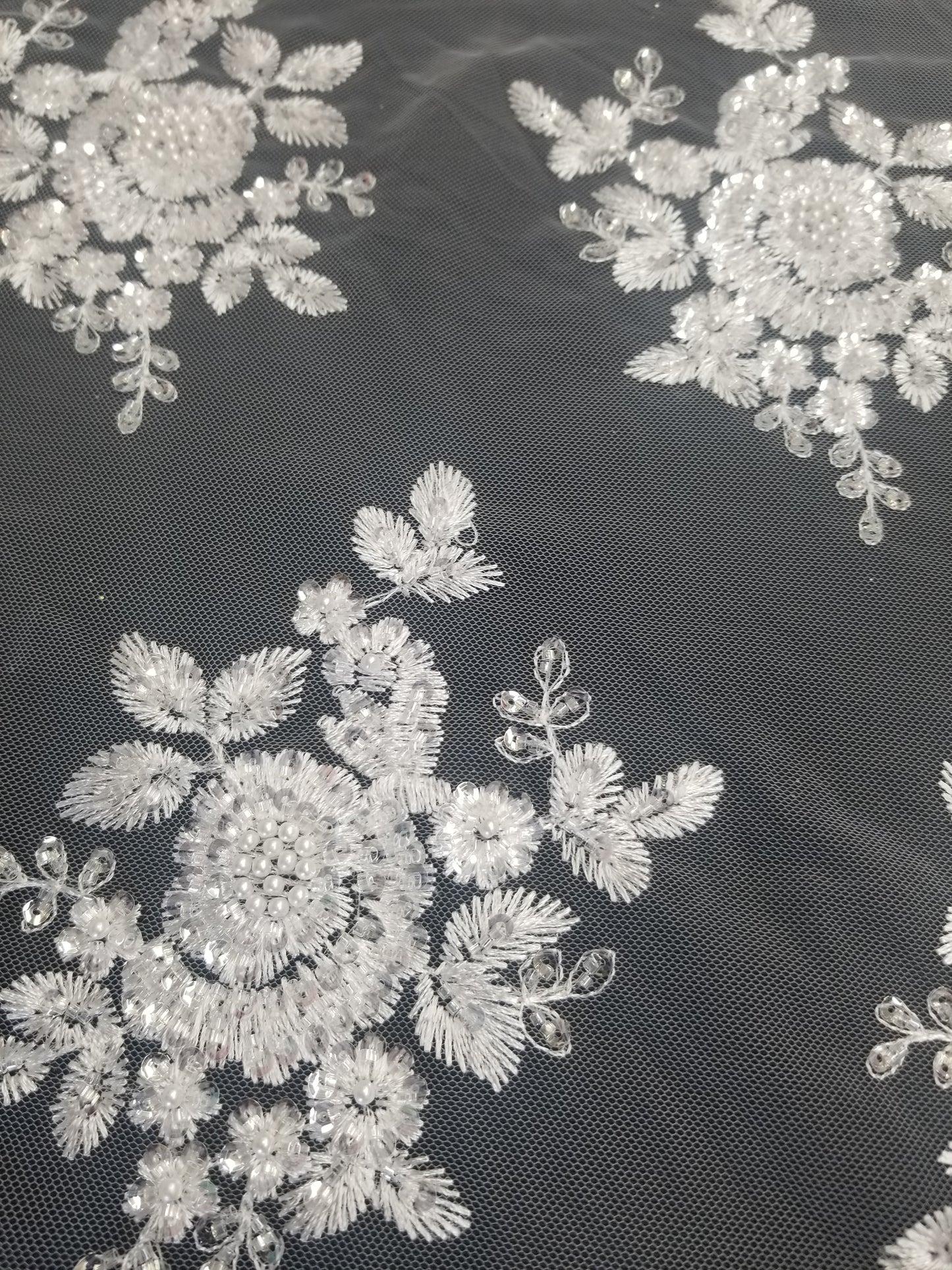 52" White French Floral Design Lace with Beads, Pearls, Sequins in Mesh by the Yard