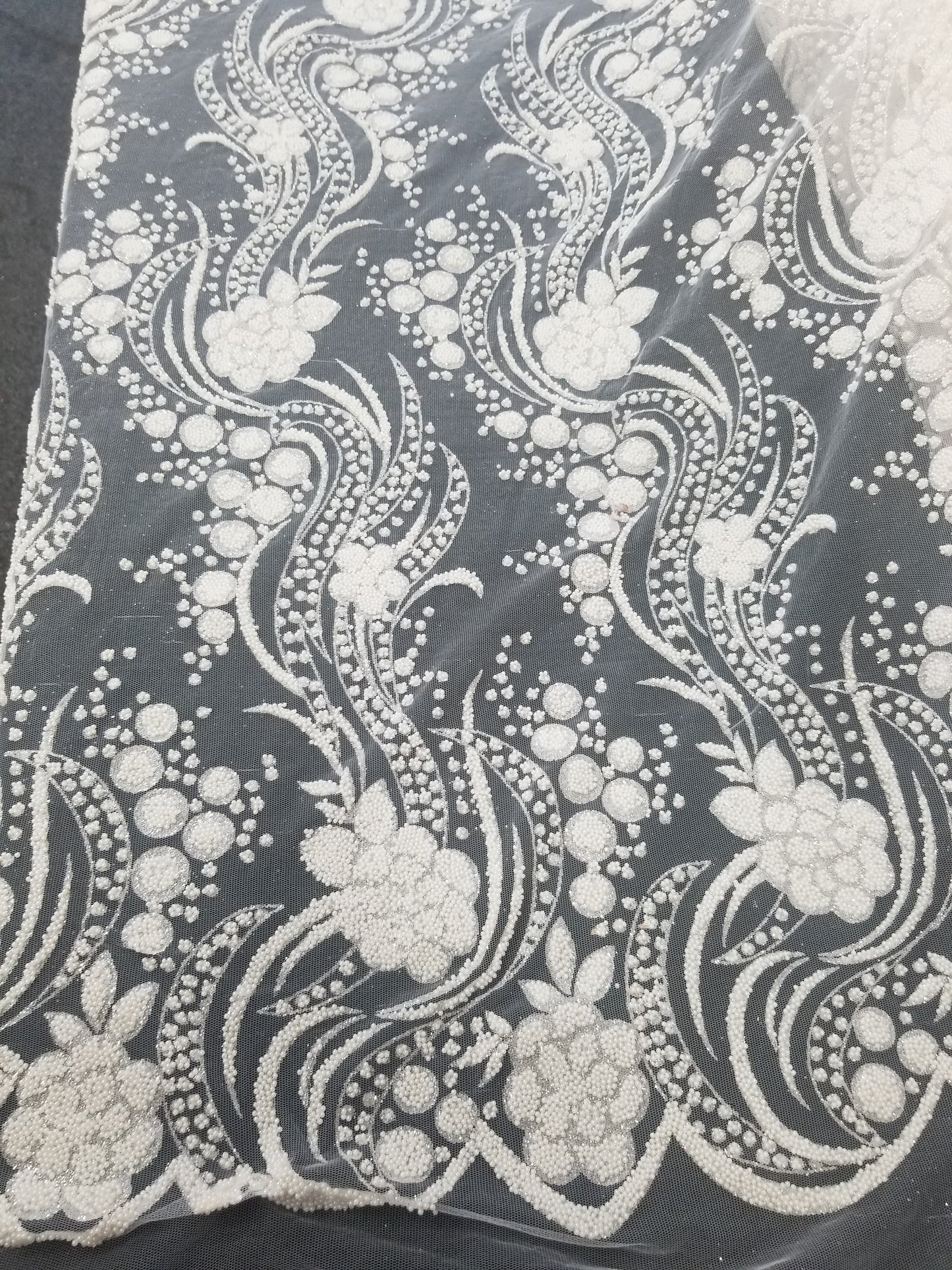52" Off White French Floral Design Lace with Beads Pearls Sequins in Mesh by the Yard