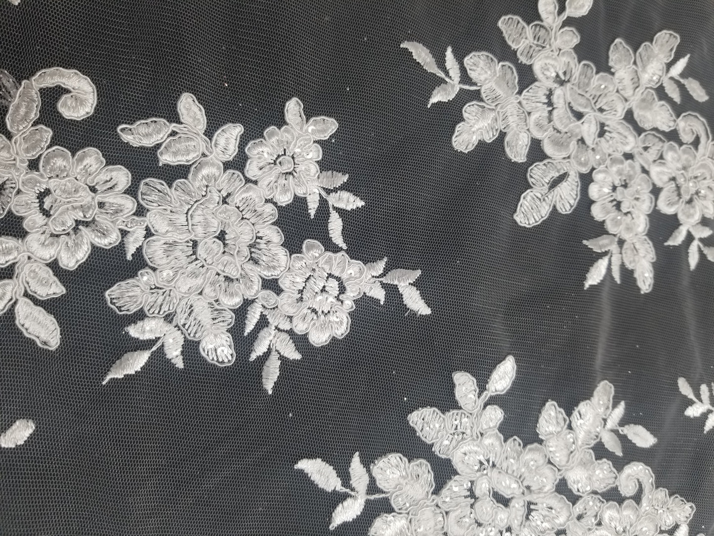 52" White French Floral Design Lace with Sequins in Mesh by the Yard