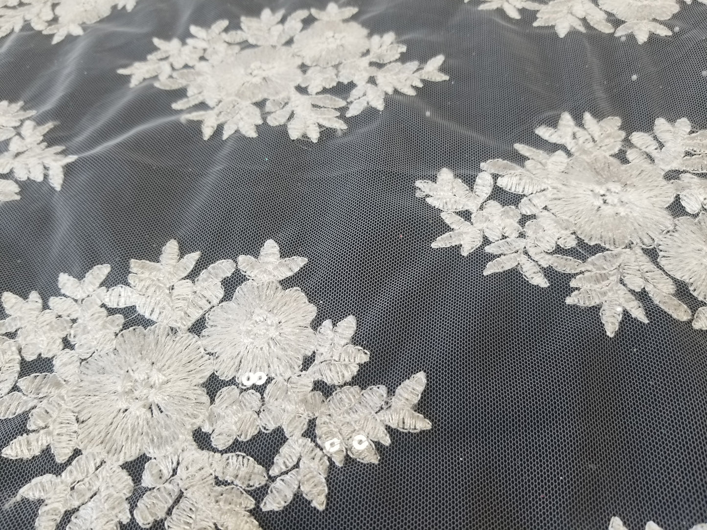 52" White French Floral Design Lace with Sequins in Mesh by the Yard