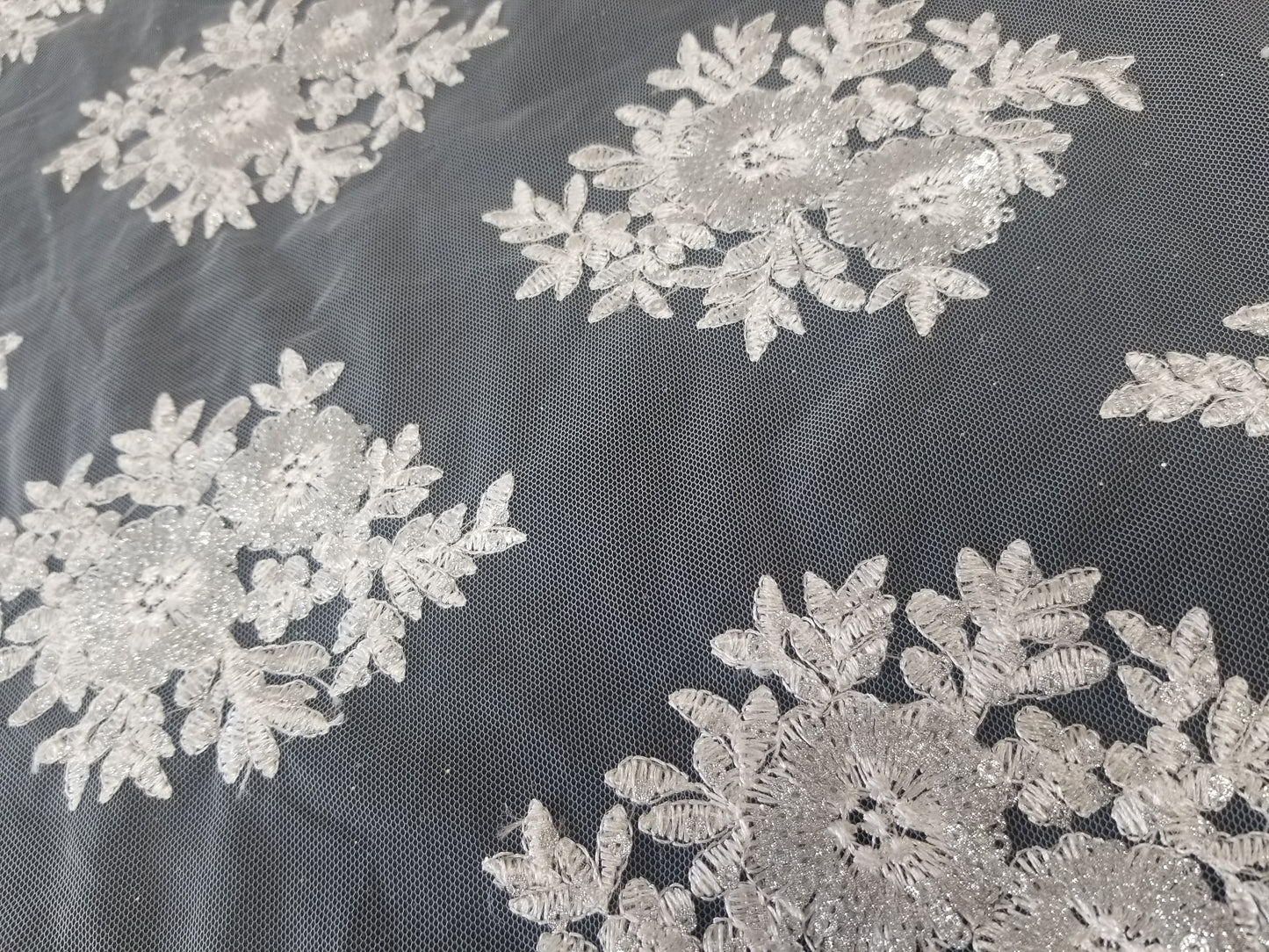 52" Off White French Floral Design Lace with Sequins in Mesh by the Yard