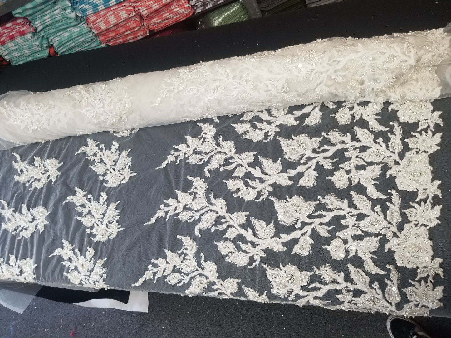 52" Off White French Floral Design Embroidery Lace with Glitter in Mesh by the Yard