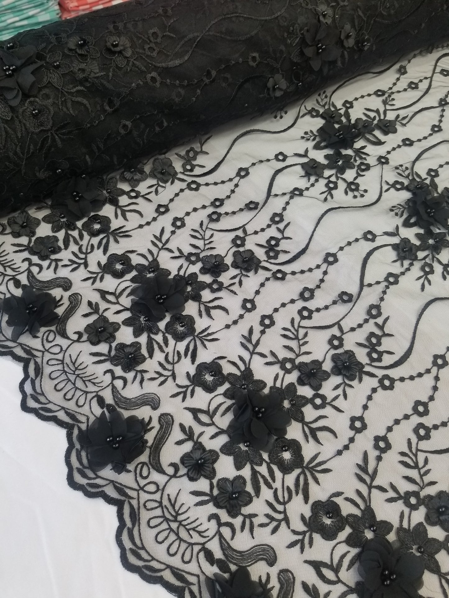 Black 3D Embroidered Satin Floral Wedding Lace Fabric - Sold By The Yard