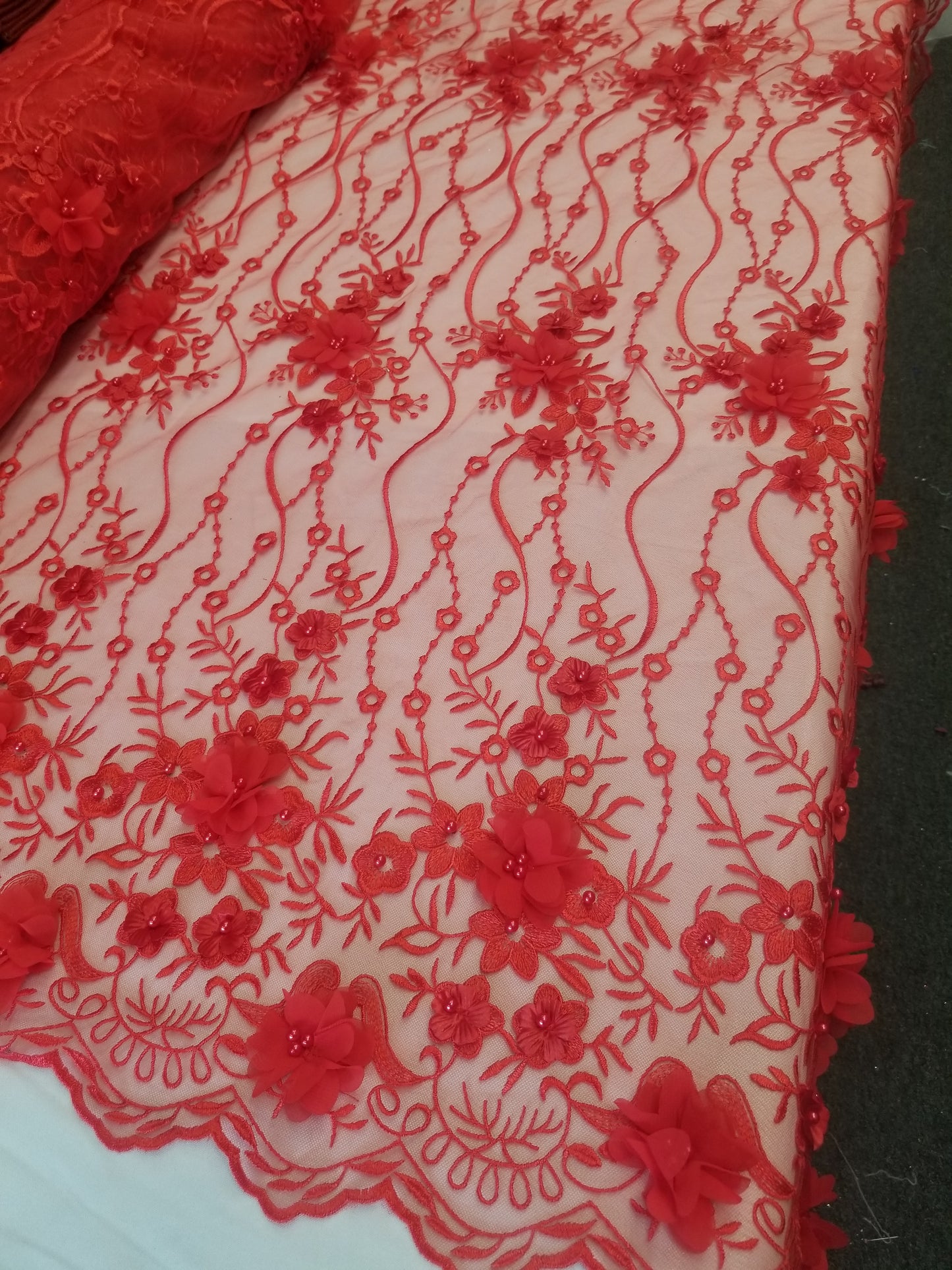 Red 3D Embroidered Satin Floral Wedding Lace Fabric - Sold By The Yard