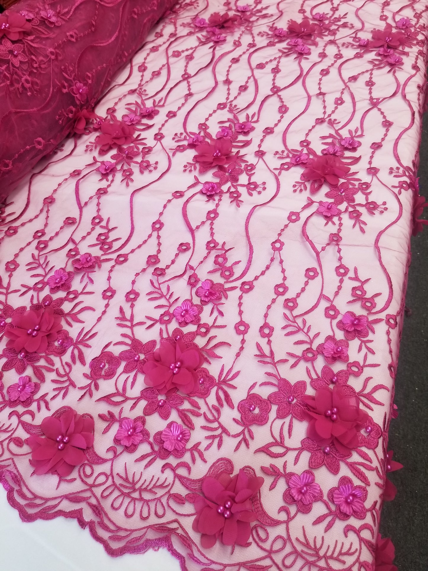 Fuschia 3D Embroidered Satin Floral Wedding Lace Fabric - Sold By The Yard