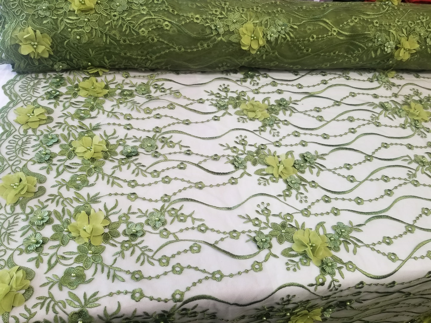 Green 3D Embroidered Satin Floral Wedding Lace Fabric - Sold By The Yard