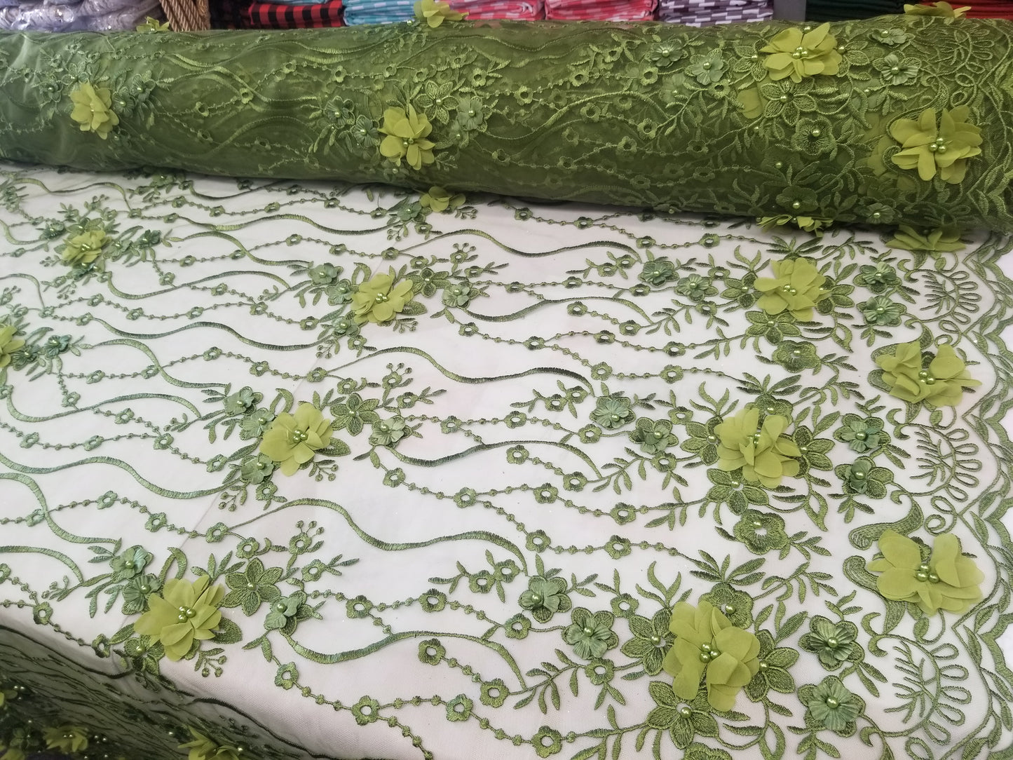 Green 3D Embroidered Satin Floral Wedding Lace Fabric - Sold By The Yard
