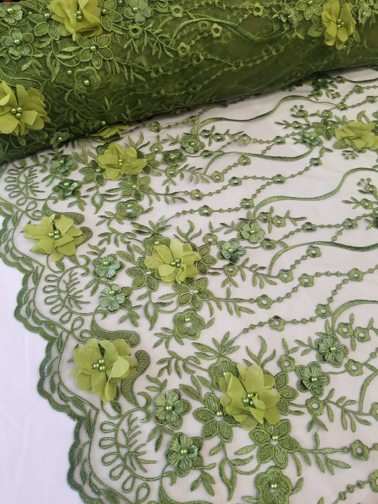 Green 3D Embroidered Satin Floral Wedding Lace Fabric - Sold By The Yard