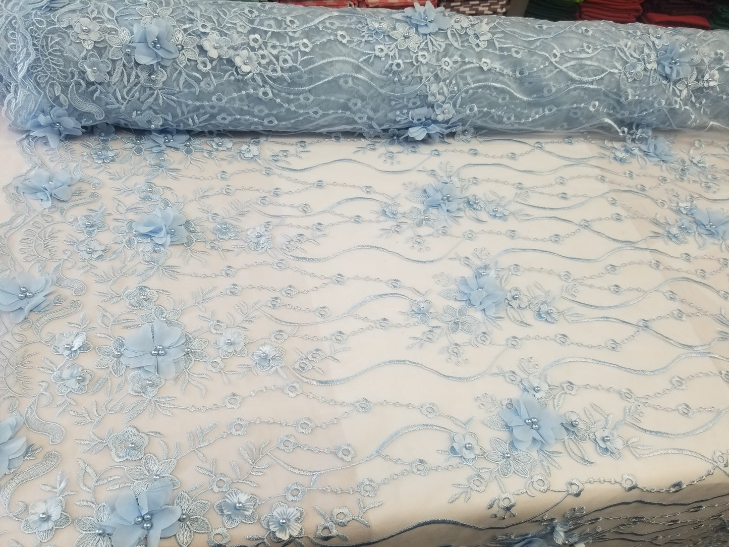 Baby Blue 3D Embroidered Satin Floral Wedding Lace Fabric - Sold By The Yard
