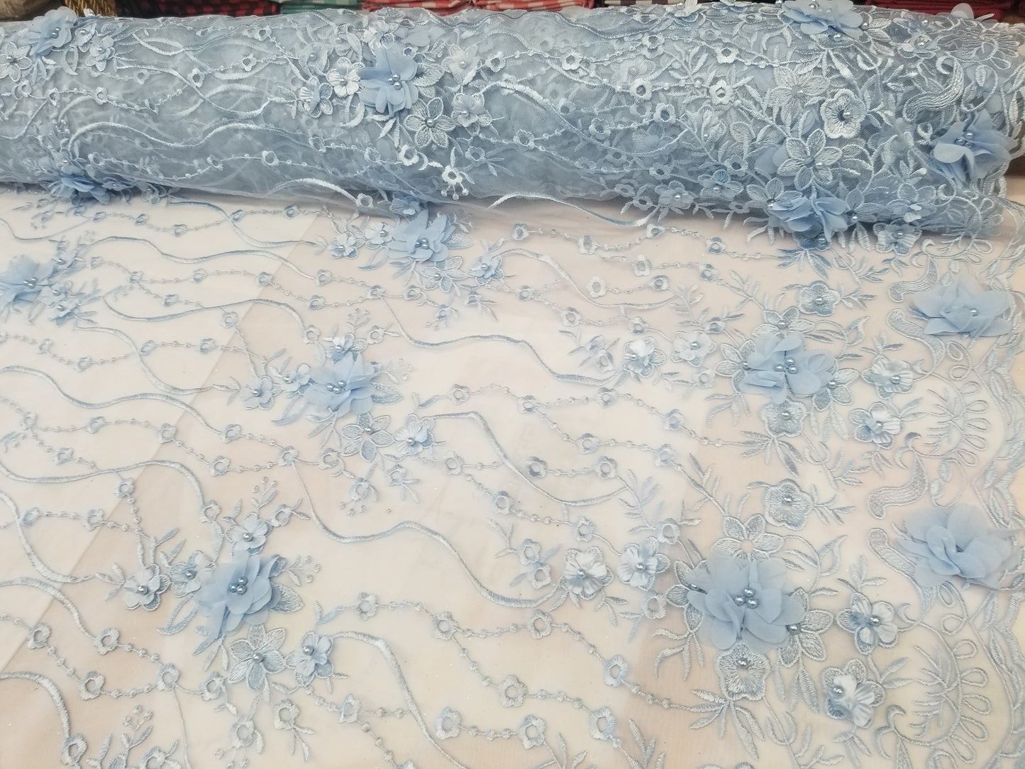Baby Blue 3D Embroidered Satin Floral Wedding Lace Fabric - Sold By The Yard