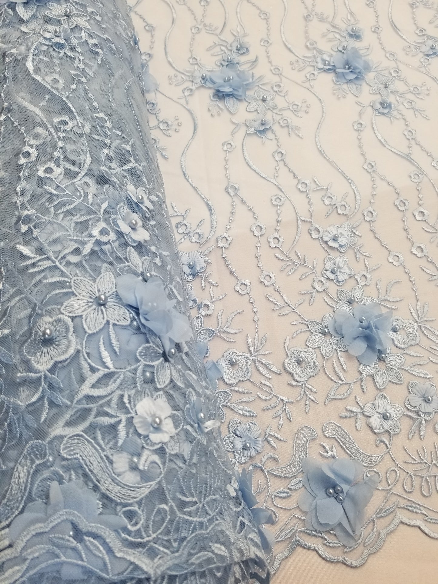 Baby Blue 3D Embroidered Satin Floral Wedding Lace Fabric - Sold By The Yard