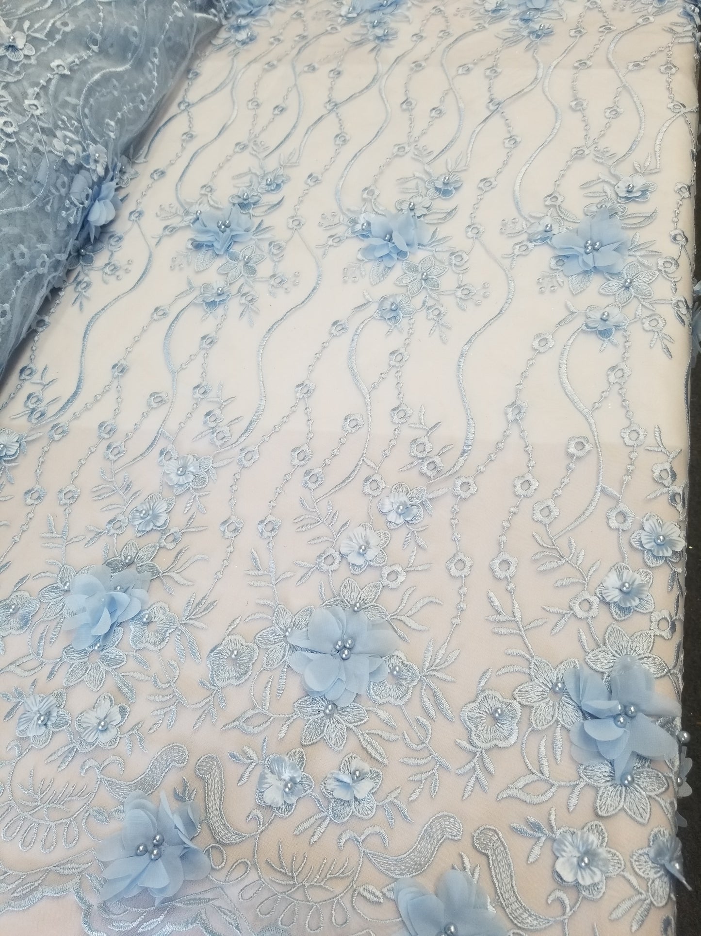 Baby Blue 3D Embroidered Satin Floral Wedding Lace Fabric - Sold By The Yard