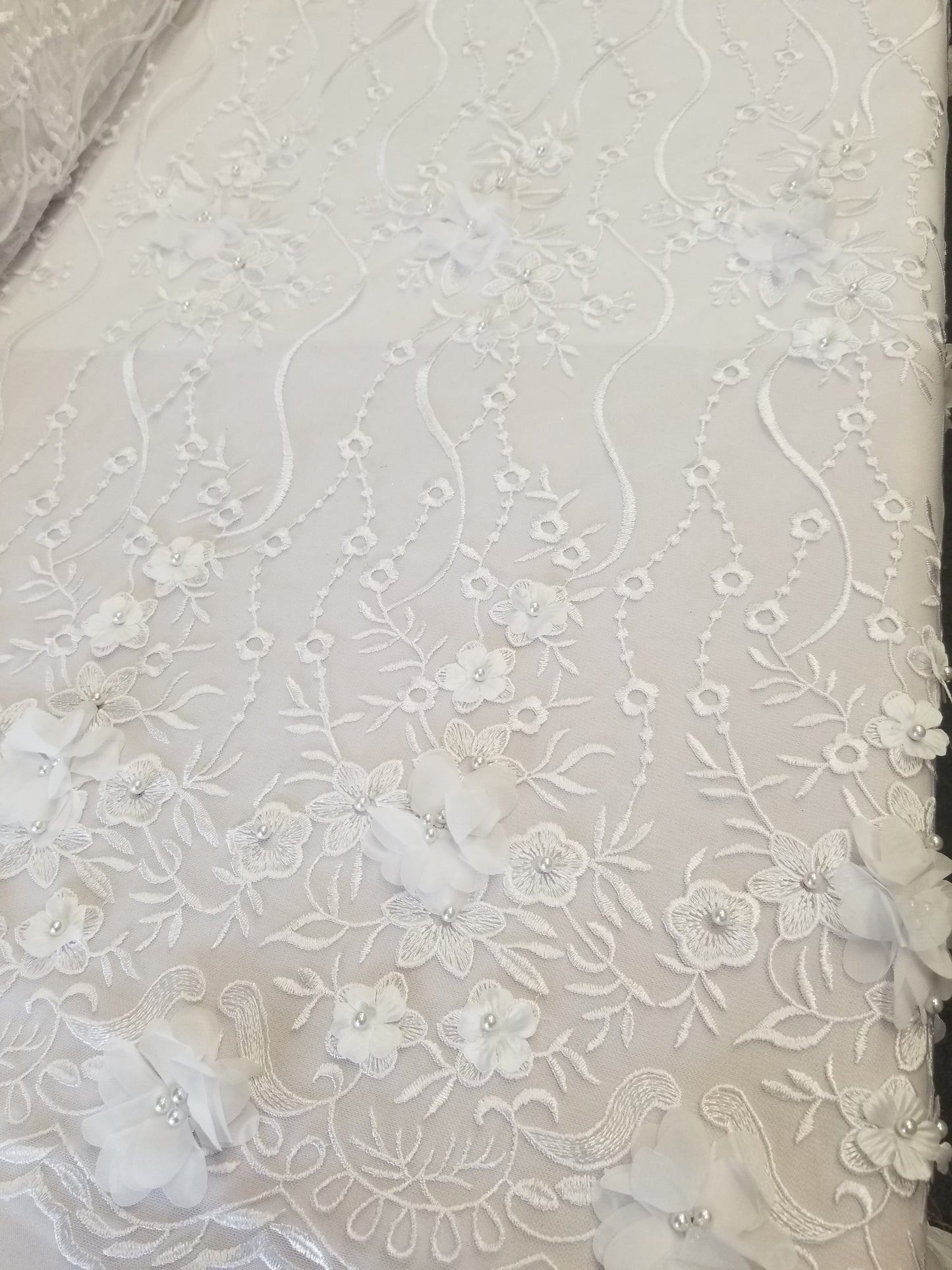 White 3D Embroidered Satin Floral Wedding Lace Fabric - Sold By The Yard