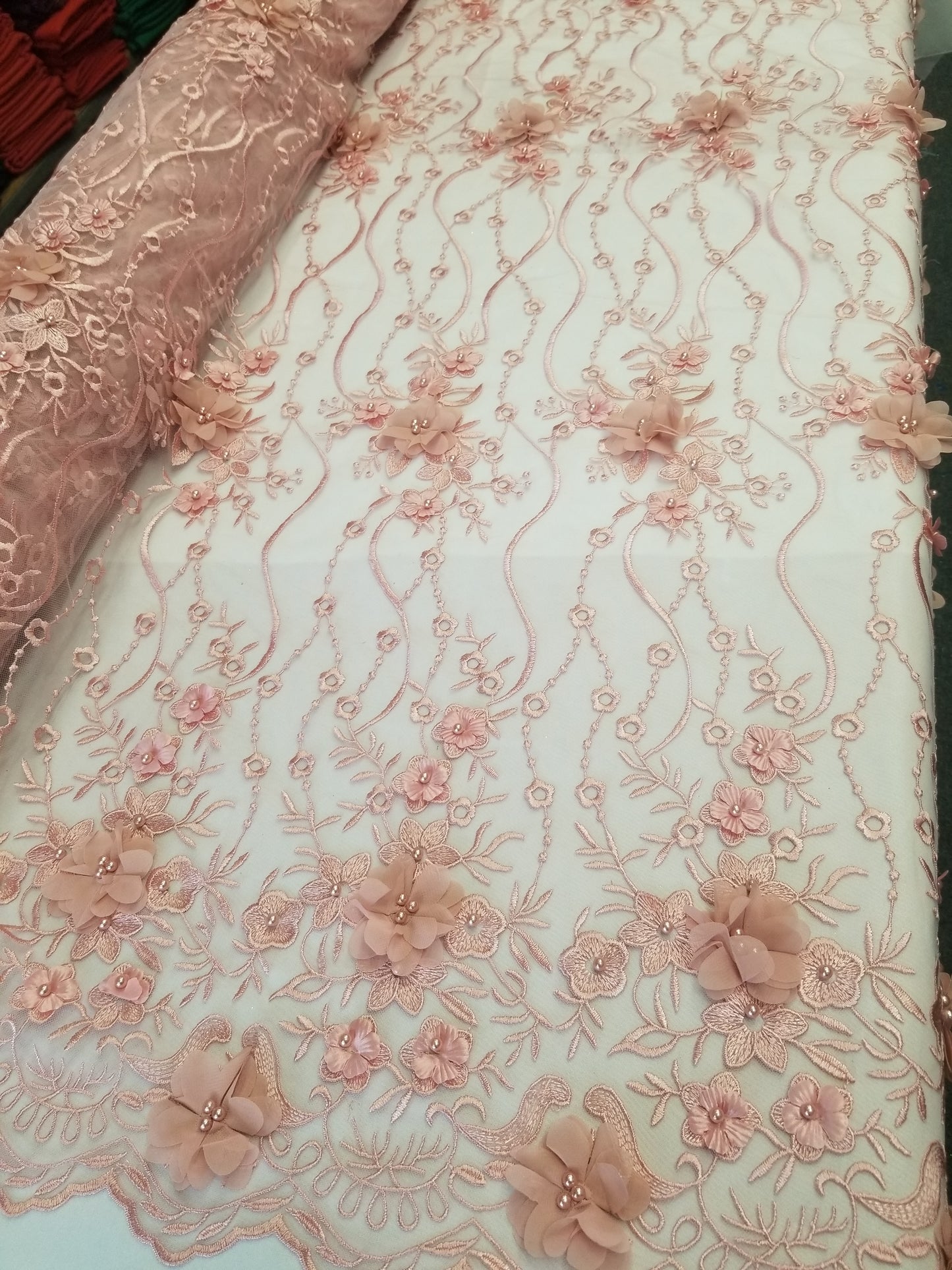 Dusty Rose 3D Embroidered Satin Floral Wedding Lace Fabric - Sold By The Yard