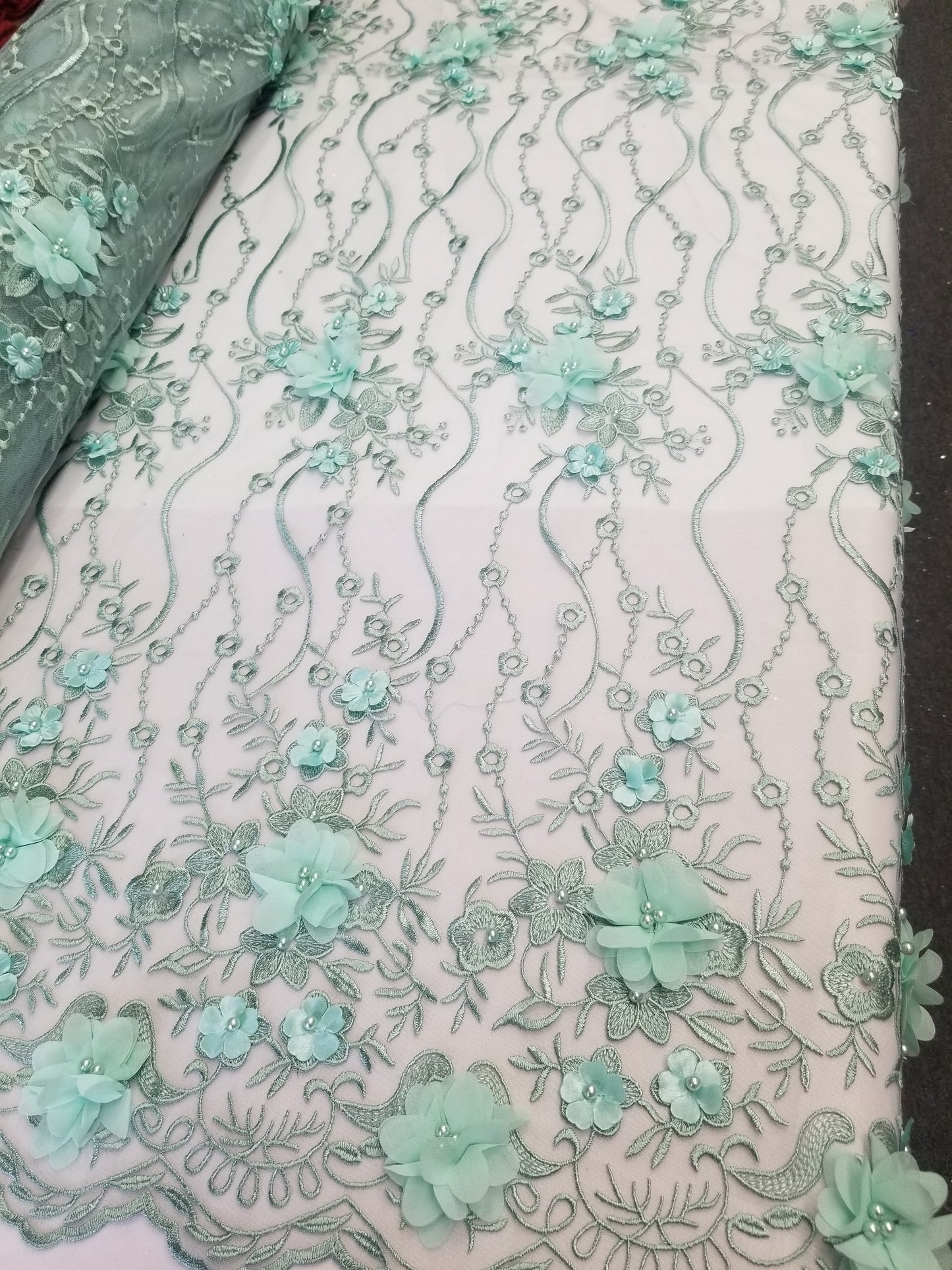 Mint Green 3D Embroidered Satin Floral Wedding Lace Fabric - Sold By The Yard