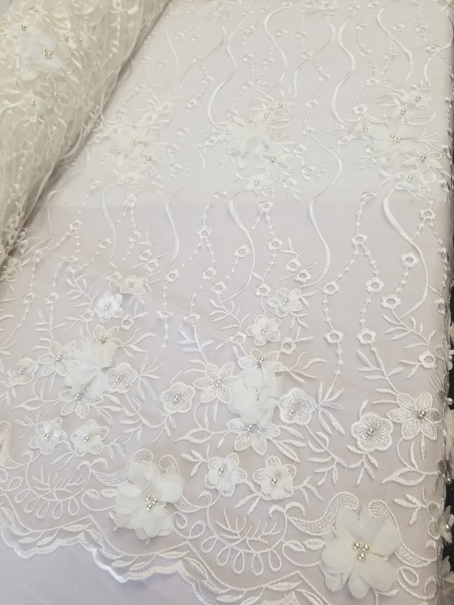Ivory 3D Embroidered Satin Floral Wedding Lace Fabric - Sold By The Yard