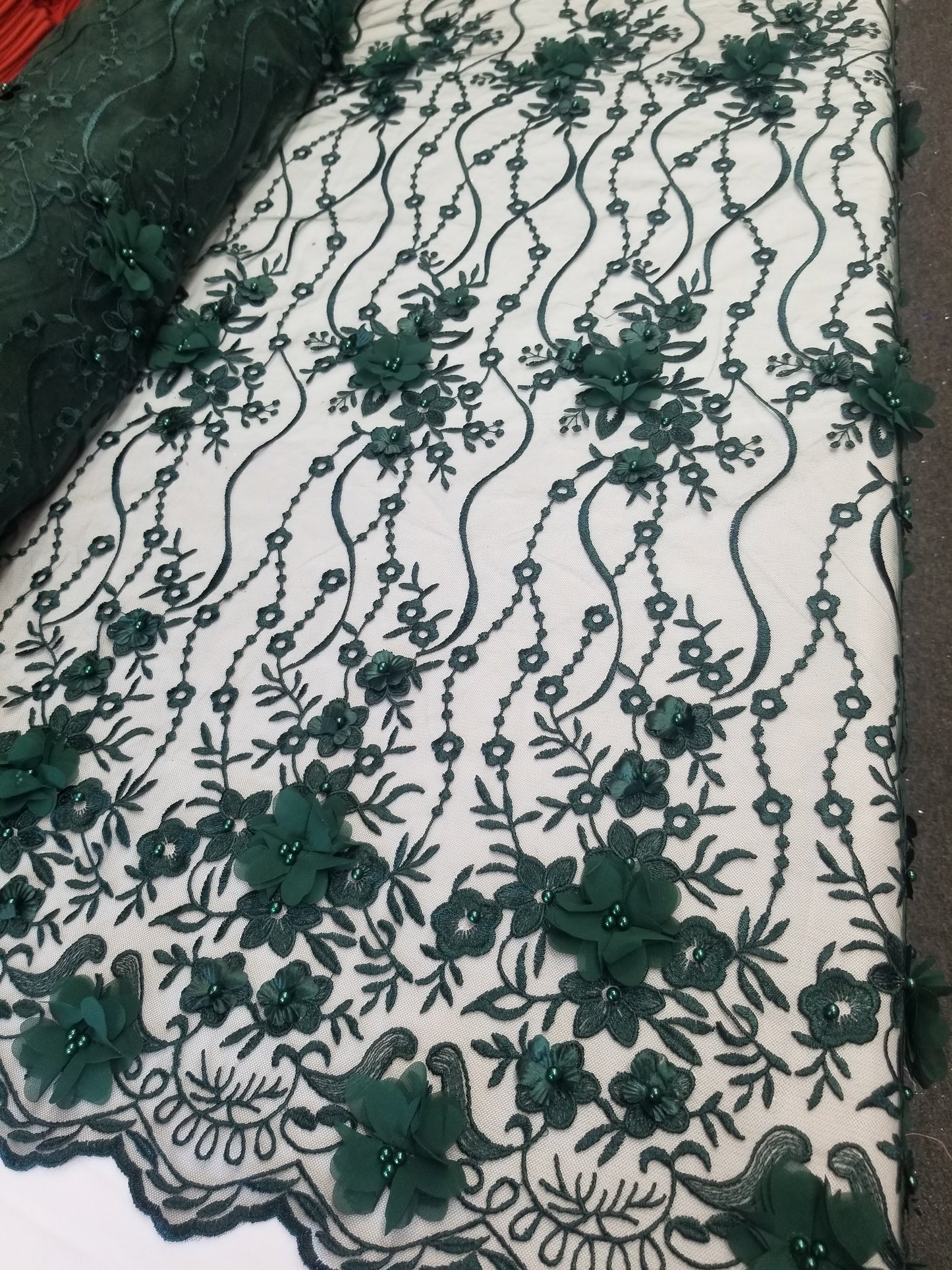 Hunter Green 3D Embroidered Satin Floral Wedding Lace Fabric - Sold By The Yard