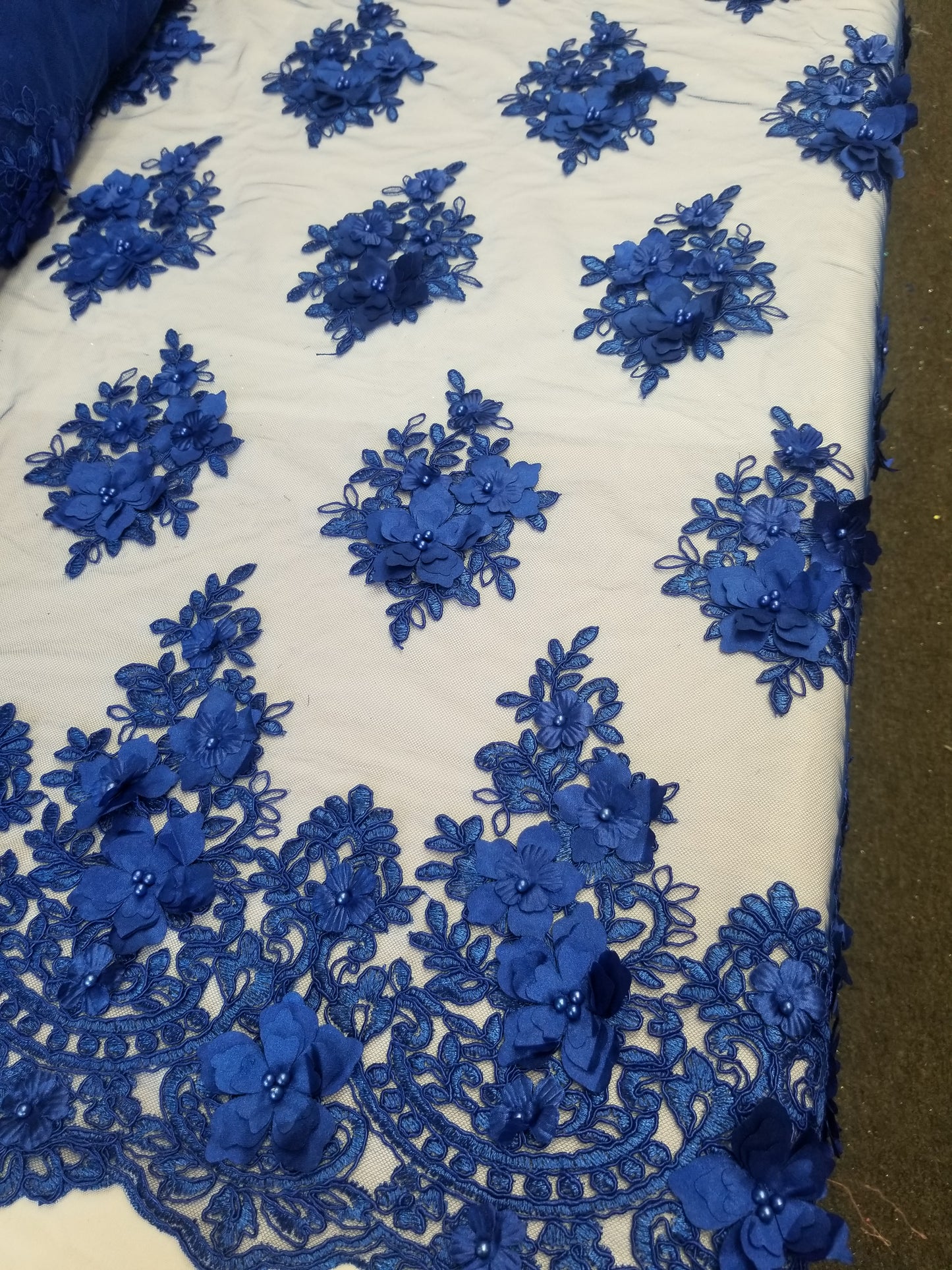Royal Blue 3D Embroidered Satin Floral Wedding Lace Fabric - Sold By The Yard