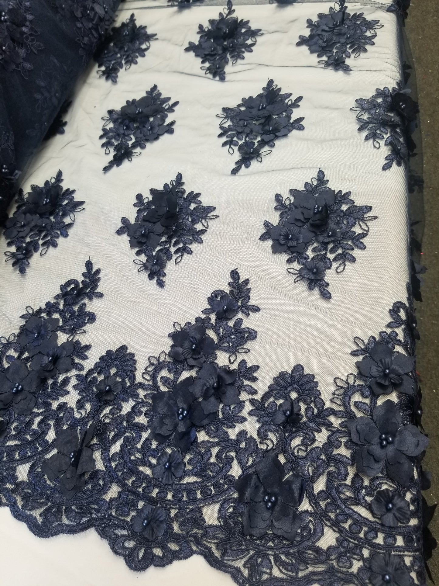 Navy Blue 3D Embroidered Satin Floral Wedding Lace Fabric - Sold By The Yard