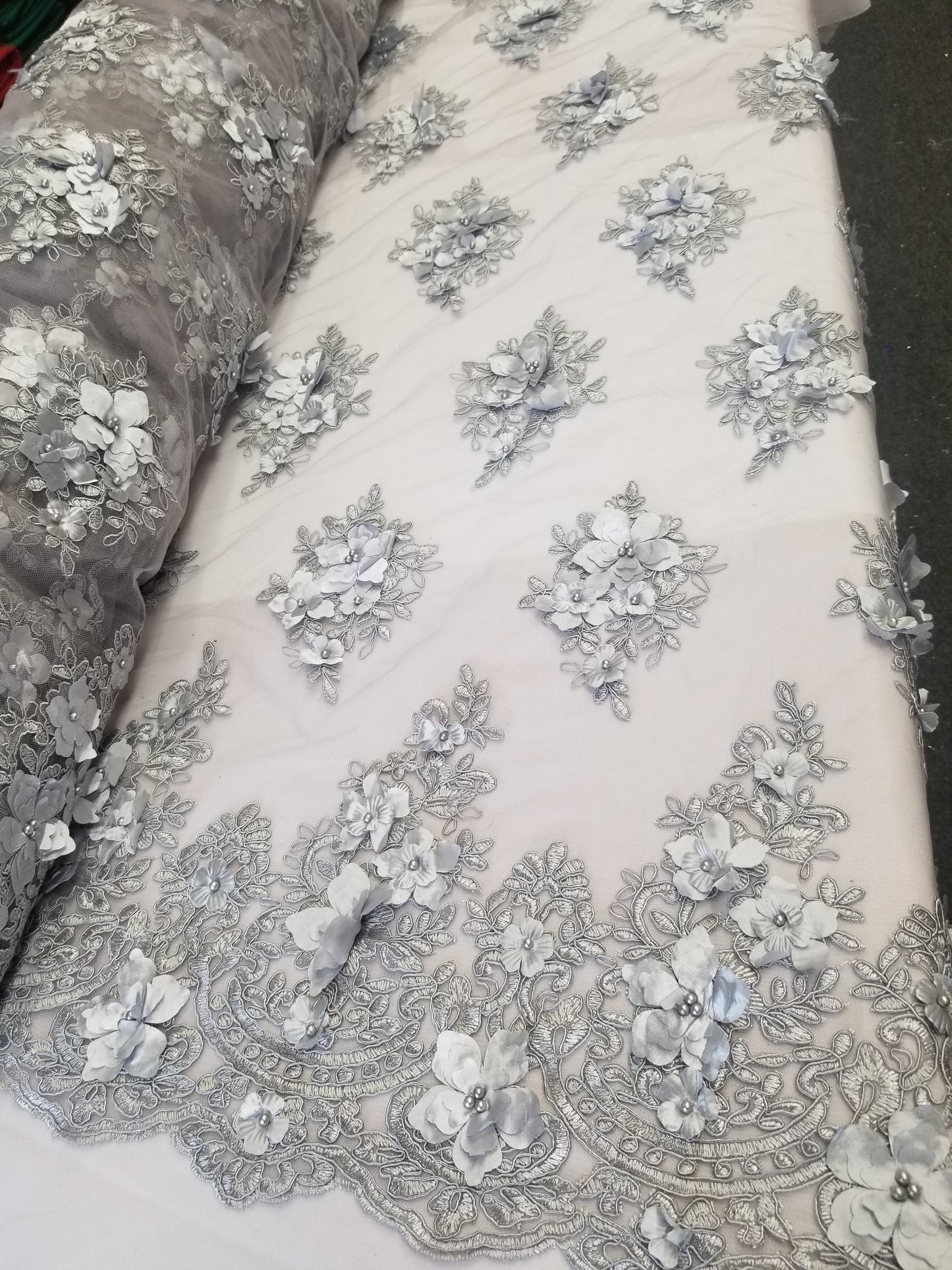 Silver 3D Embroidered Satin Floral Wedding Lace Fabric - Sold By The Yard