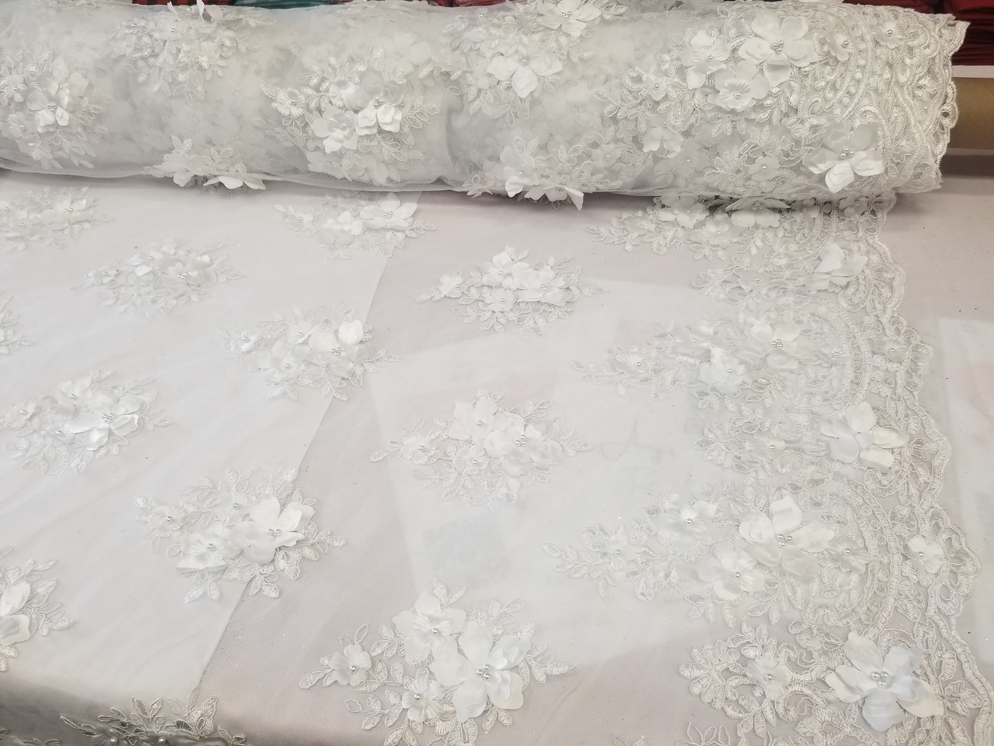 White 3D Embroidered Satin Floral Wedding Lace Fabric - Sold By The Yard