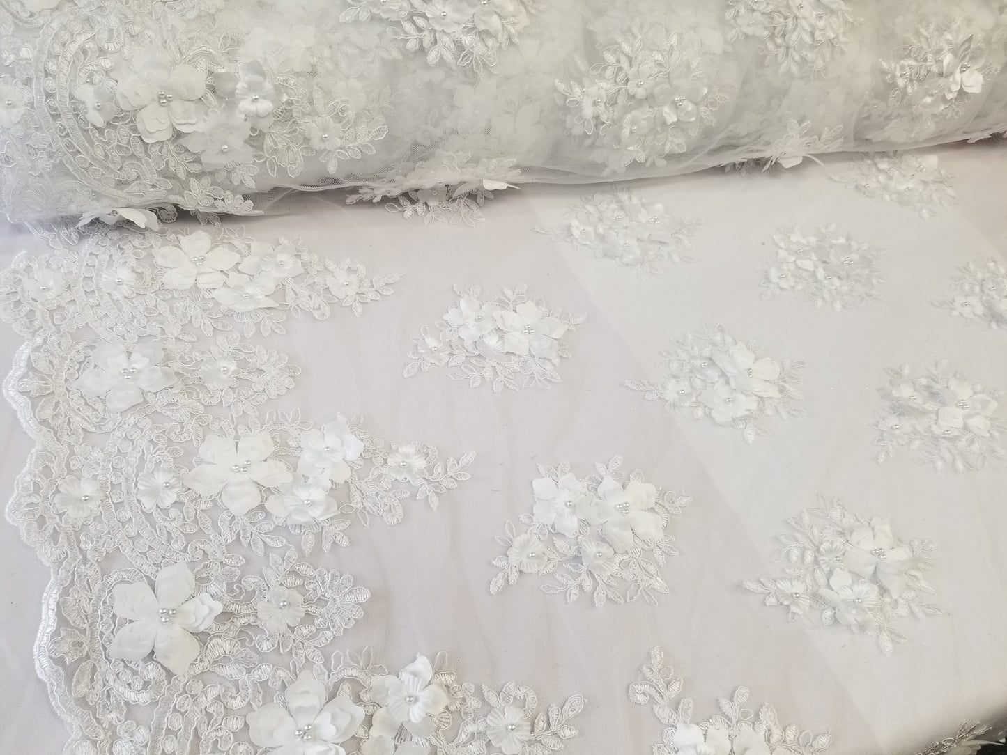 White 3D Embroidered Satin Floral Wedding Lace Fabric - Sold By The Yard