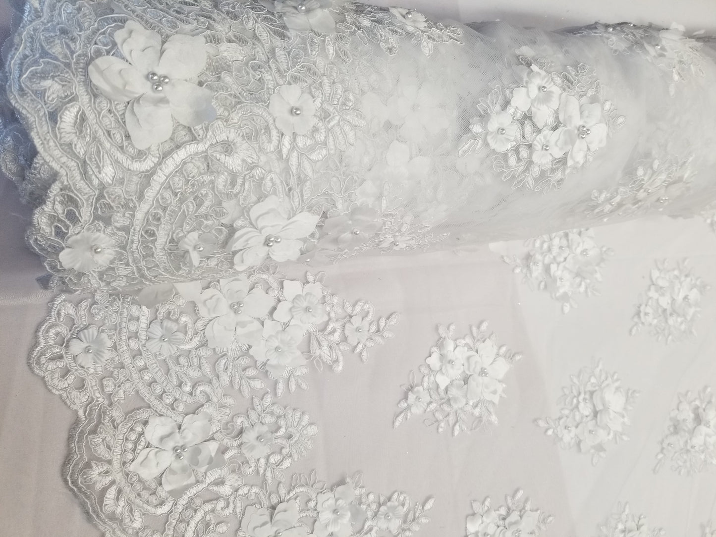 White 3D Embroidered Satin Floral Wedding Lace Fabric - Sold By The Yard