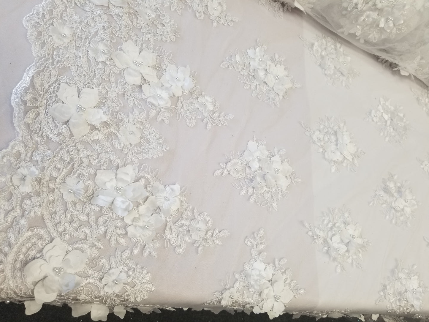 White 3D Embroidered Satin Floral Wedding Lace Fabric - Sold By The Yard