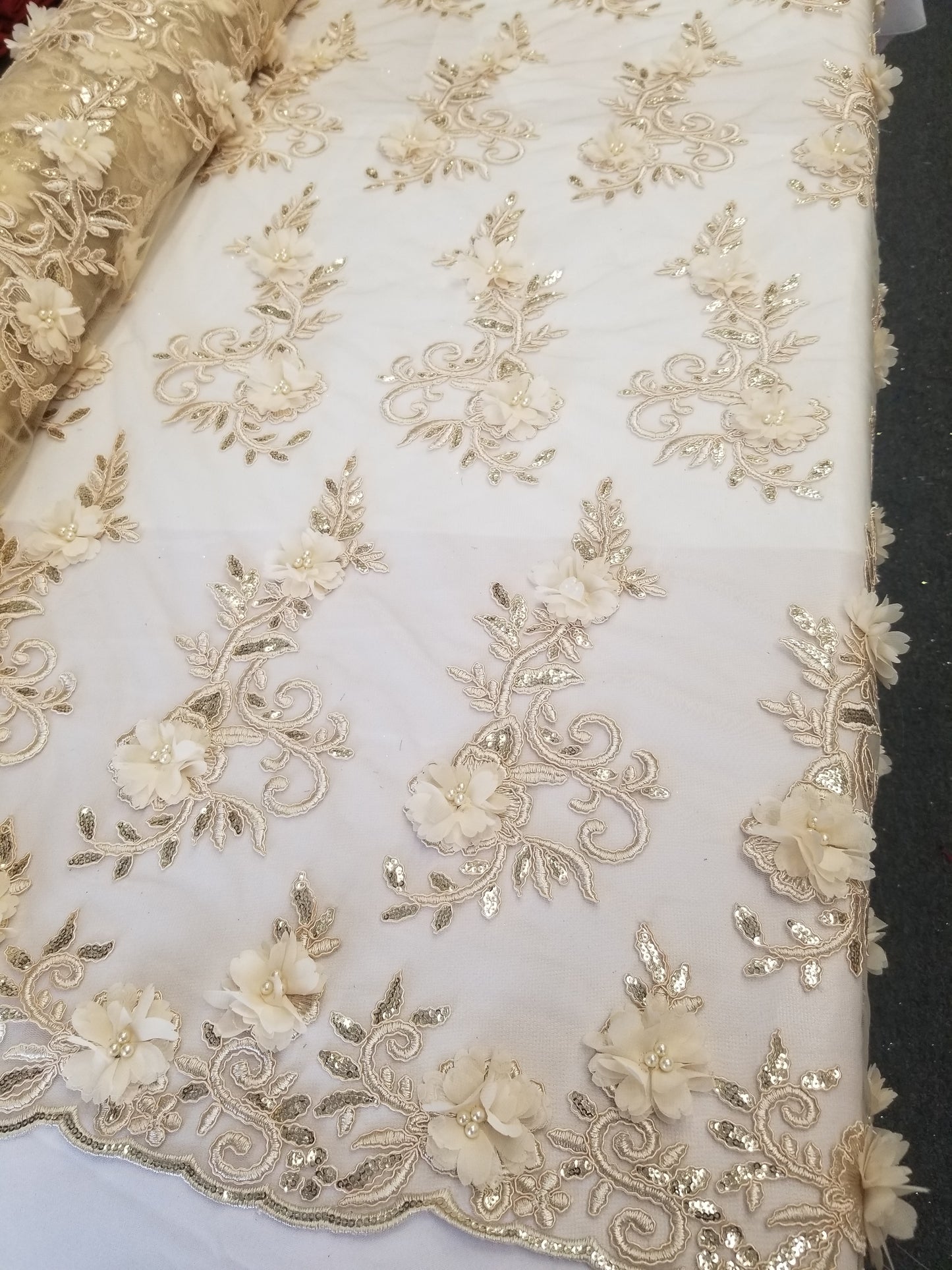 Champagne 3D Embroidered Satin Floral Wedding Lace Fabric - Sold By The Yard