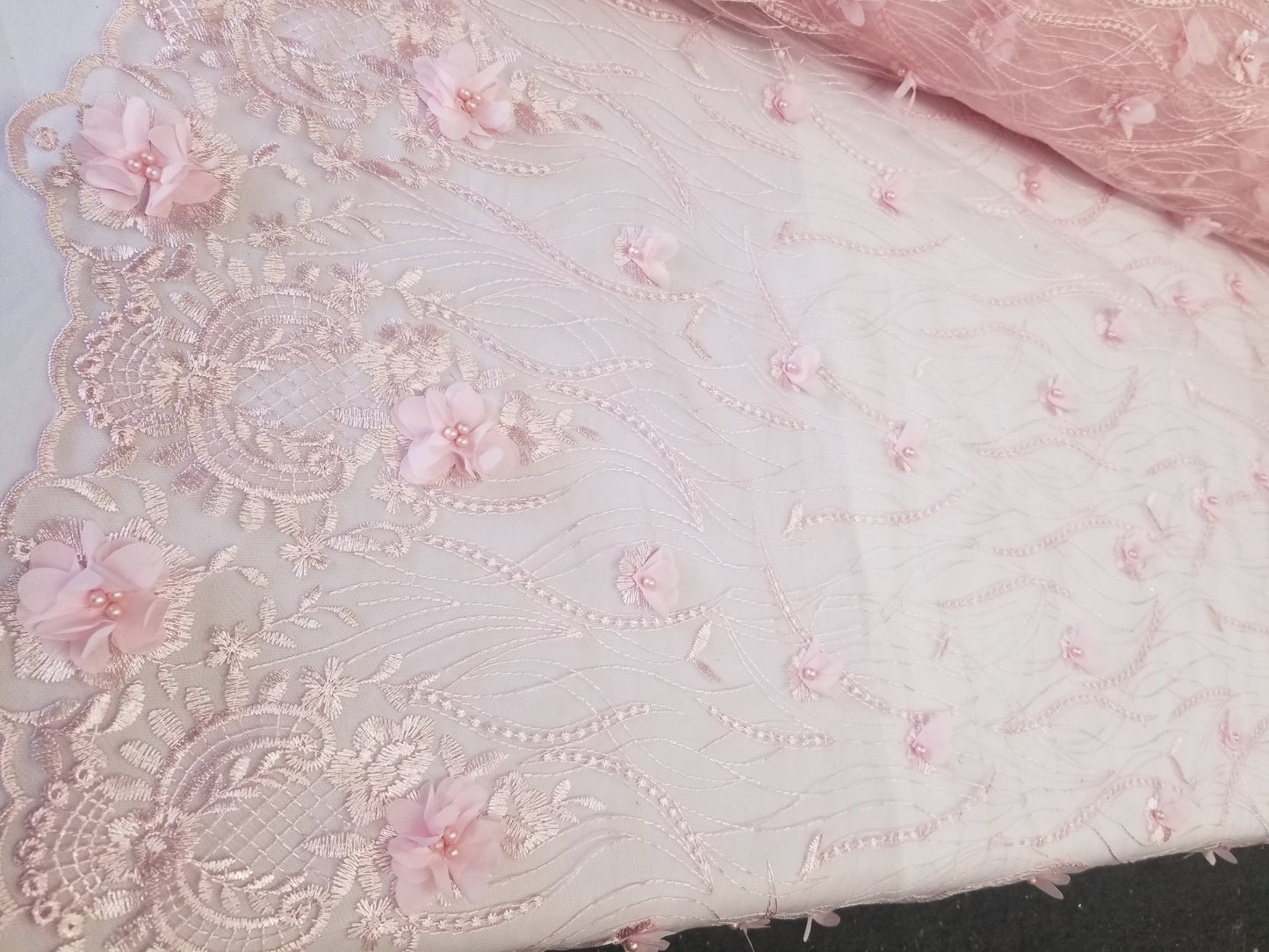 Pink 3D Embroidered Satin Floral Wedding Lace Fabric - Sold By The Yard