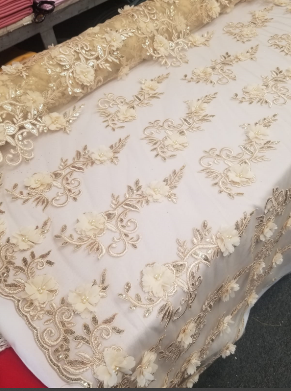Gold 3D Embroidered Satin Floral Pearl Wedding Prom Formal Lace Fabric - Sold By The Yard