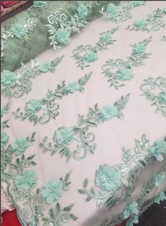 Mint Green 3D Embroidered Satin Floral Pearl Wedding Prom Formal Lace Fabric - Sold By The Yard