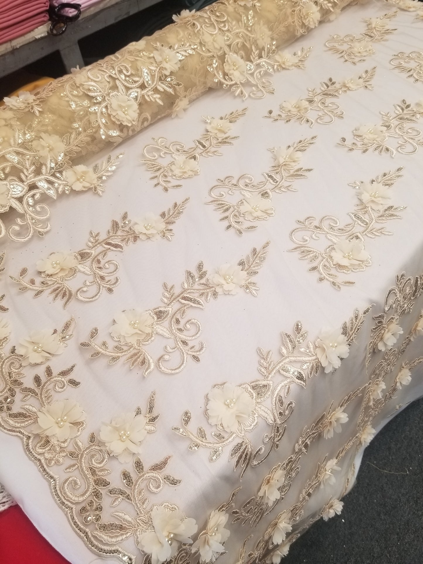 Ivory 3D Embroidered Satin Floral Pearl Wedding Prom Formal Lace Fabric - Sold By The Yard