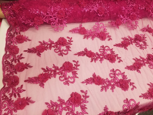 Fuschia 3D Embroidered Satin Floral Pearl Wedding Prom Formal Lace Fabric - Sold By The Yard