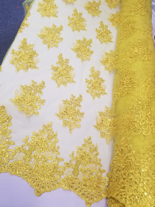 Elegant Yellow Gold 51" Floral Embroidery Lace with Sequins in Mesh by Yard