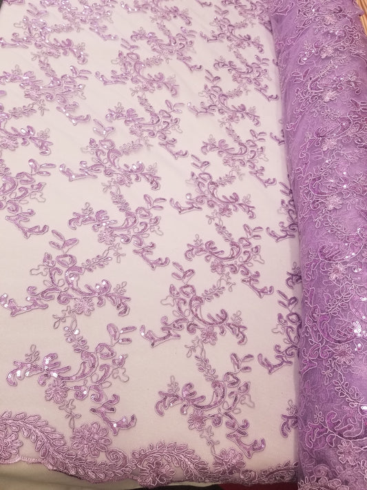 Elegant Lavender 51" Floral Embroidery Lace with Sequins in Mesh by Yard