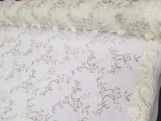 Elegant Ivory 51" Floral Embroidery Lace with Sequins in Mesh by Yard