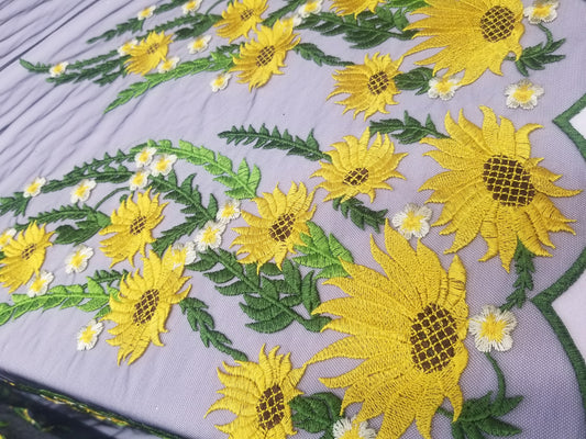 Yellow Sunflower Floral Lace Fabric, by the yard - Embroidery on Black Mesh Lace Fabric For Wedding-Bridal