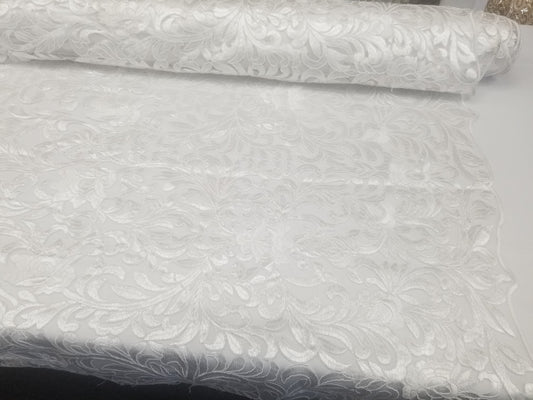 White Bridal Wedding Floral Mesh Lace Fabric by Yard