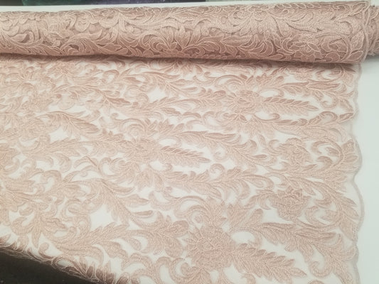 Blush Dusty Rose Bridal Wedding Floral Mesh Lace Fabric by Yard